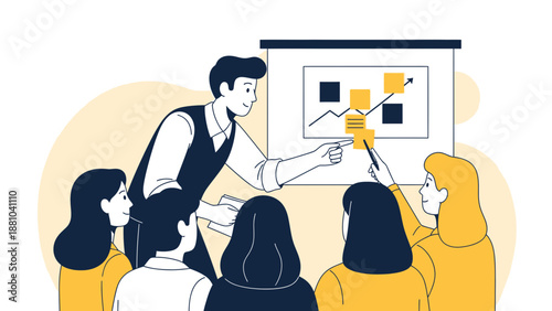 Business presentation with diverse team collaborating on strategy and growth