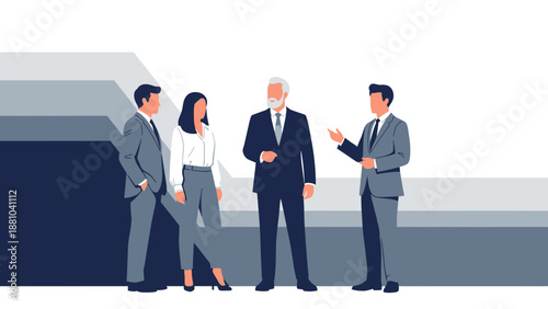 Business professionals in conversation, diverse team collaborating in modern office setting.