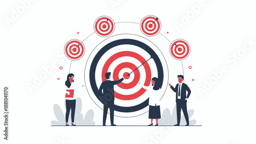 Business Team Achieving Goals with Bullseye Target Strategy Illustration
