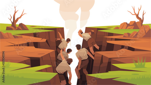 A group of people helping each other across a deep canyon with a smoky atmosphere