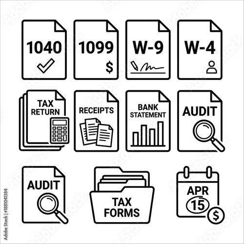 Set of IRS Tax Forms and Financial Icons Including 1040, 1099, Audit, and Bank Statement for Accounting and Bookkeeping Business Services
