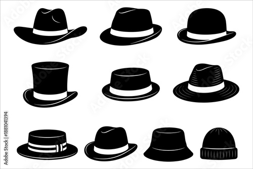 Collection of Classic and Modern Hat Silhouettes Featuring Fedora, Cowboy Hat, Top Hat, Beanie, and Various Fashion Headwear Icons for Design
