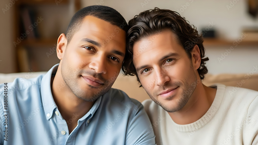 Fototapeta premium Two men smiling together on a couch in a cozy living room setting