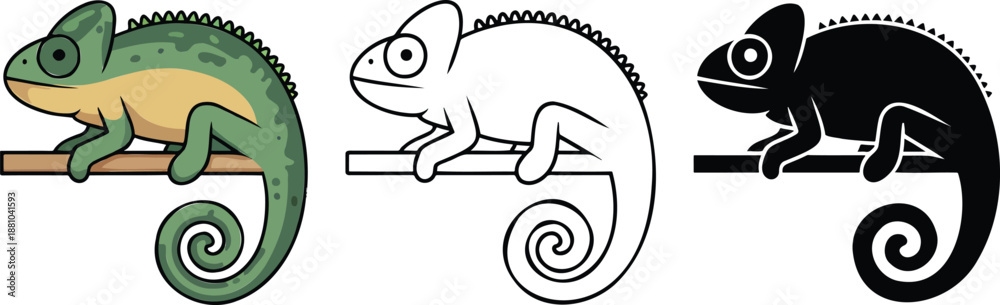Fototapeta premium Chameleon perched on a branch silhouette & Outline and illustration set isolated on transparent background