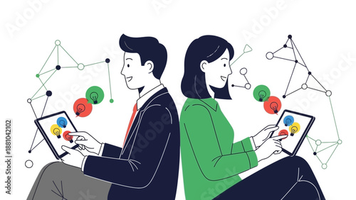 Diverse Team Collaborating with Digital Devices and Lightbulb Ideas