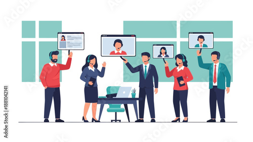 Diverse Team Holding Video Call Screens, Online Communication Concept