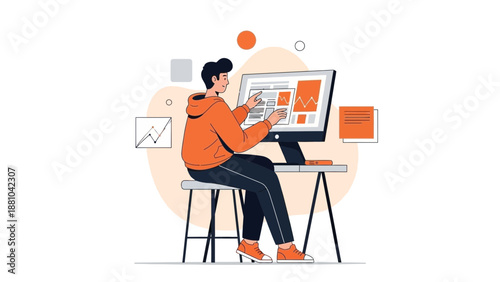 Man working on computer, analyzing data, modern office, flat design illustration