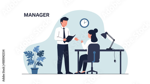 Manager Discussing Work with Employee at Desk in Office - Flat Design