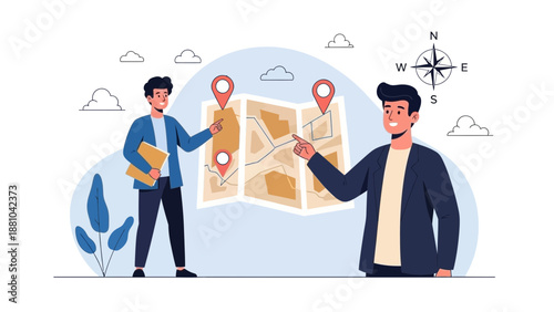 Men planning route on map with compass, navigation and travel concept