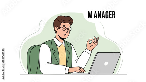 Office Manager Working on Laptop with Gesturing Hand, Business Meeting Illustration