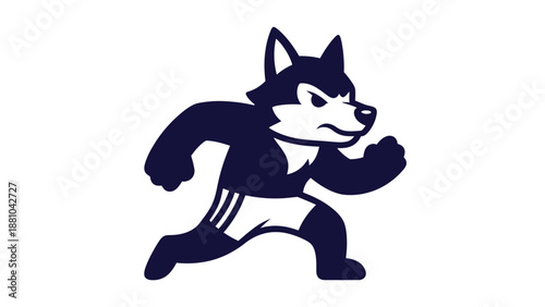 Cartoon wolf mascot running in athletic pose with determined expression
