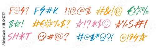 Colorful crayon swear words and curses lettering imitation collection. Hand drawn doodle lettering with skull, typography symbols, doodle character elements. Vector ink swear illustration.