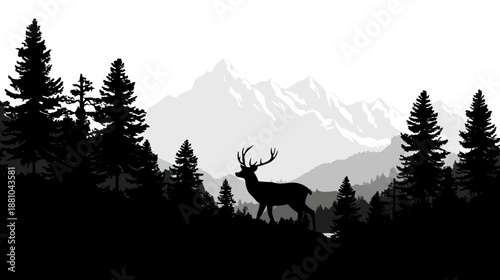 Majestic deer stag with large antlers in a serene pine forest, black and white mountain landscape silhouette illustration