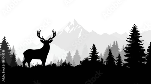 Majestic Stag Deer Silhouette in Wilderness Forest Landscape with Mountains, Monochromatic Vector Nature Art