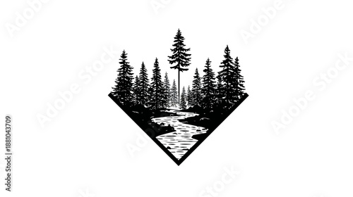 Hand-drawn rustic black and white forest illustration with a winding river in a geometric diamond shape, nature landscape graphic.