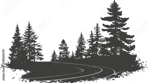 Winding forest road silhouette graphic with pine trees. Scenic curved path through nature. Black and white vector illustration.