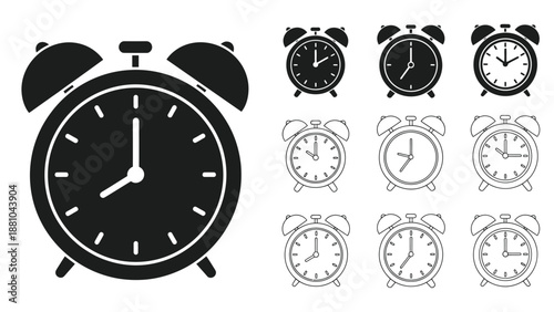 Black and white alarm clock icons in various styles and arrangements