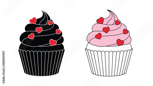 Two delicious cupcakes adorned with red hearts one dark and one light