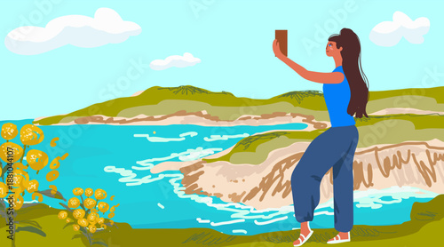 Comino Island, Malta, tourist taking a selfie. Hand-drawn vector illustration.