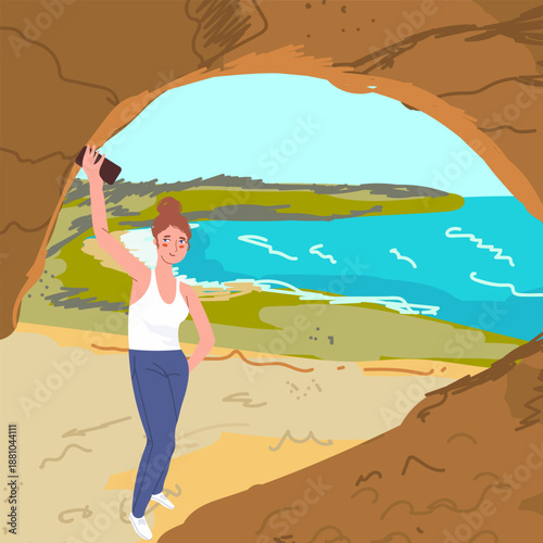 Solo travel, a girl takes a selfie with a grotto in the background, vector hand drawn  illustration.