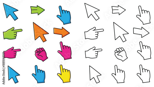 a collection of colorful and outlined hand and arrow cursor icons