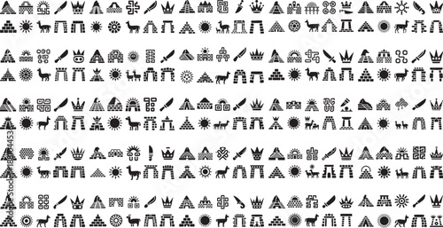 Aztec icons of pyramids llamas crowns knives and suns on white background