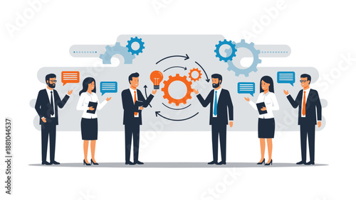 Business Team Collaboration and Idea Generation with Gears and Lightbulb