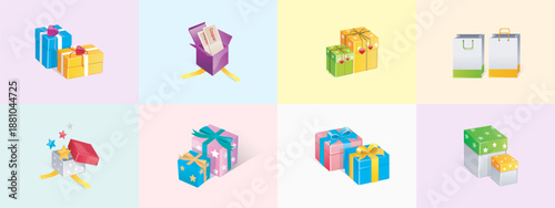 Collection of 3d isometric gift boxes or surprise packages with ribbons bows star wrapping paper shopping bags and discount coupons on multi colored pastel background panels