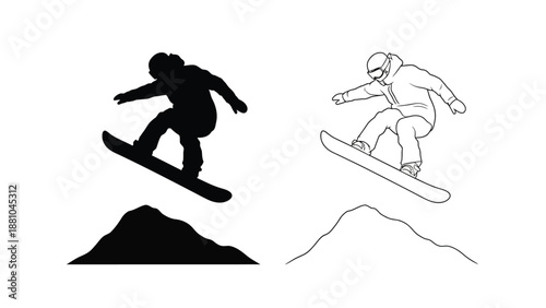 Snowboarders in action a comparison of silhouette and line art styles