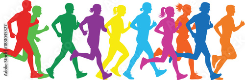 Colorful silhouettes of diverse people running a marathon race together, athletic group of men and women jogging for fitness and healthy lifestyle.