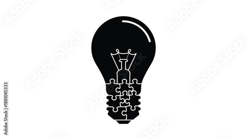 A black silhouette of a lightbulb composed of puzzle pieces