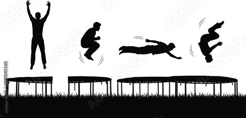 Black silhouette of male athlete jumping and performing air flips on a trampoline in the garden for fitness training and recreational sport.