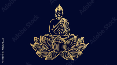 Golden Outline Meditating Figure on Lotus Flower Illustration. Spiritual Enlightenment, Inner Peace, Wisdom, and Serenity on Dark Blue Background.
