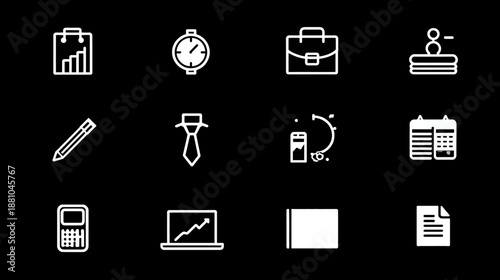 White line business and office icons set on black background, representing finance, management, corporate work, and administration
