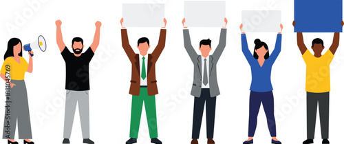 Diverse group of people protesting with megaphone and blank signs, activists demonstrating for human rights, strike manifestation in flat vector style isolated