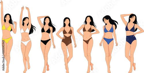 Diverse group of seven faceless fashion women wearing colorful bikinis and swimsuits standing in various poses on white background for summer beachwear