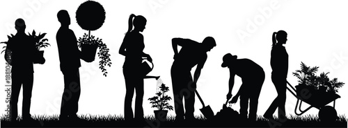 Diverse group of people silhouettes gardening together, planting flowers, watering plants, digging soil, and using wheelbarrow in community garden park