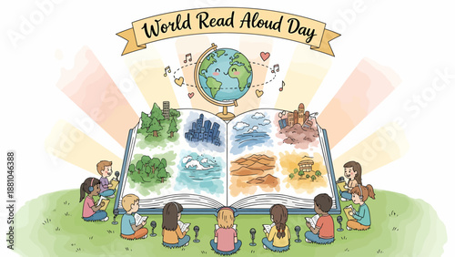 Children reading books together on World Read Aloud Day, with a large open book showing diverse landscapes and a globe above.