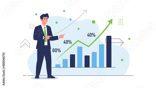 Businessman points to upward trending financial graph, business growth concept