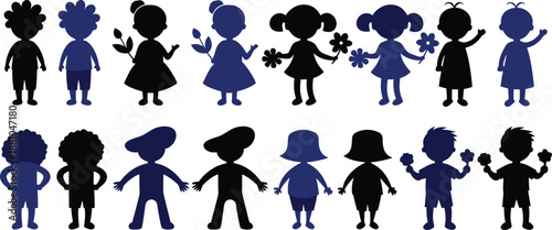 Cute Children Silhouette Vector Set, Boys and Girls Holding Flowers, Kids Flat Character Icons