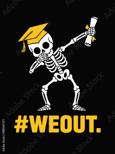 A skeleton dons a yellow graduation cap while performing a dab pose.