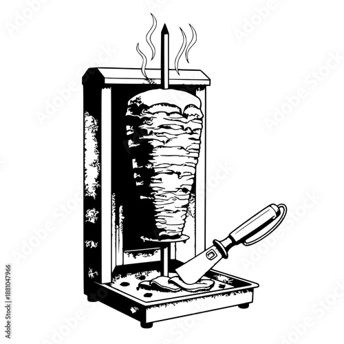Vertical Rotisserie with Knife – Black and White Line Art of Shawarma Preparation