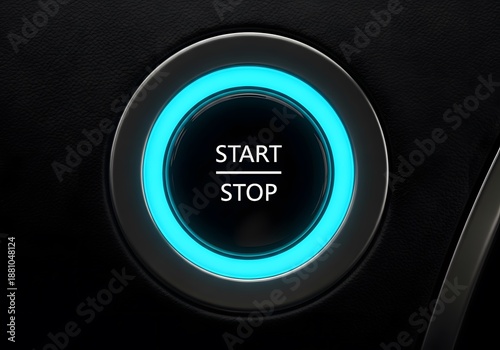 Modern automotive push engine ignition button glowing blue, close up macro detail of the vehicle start stop system, luxury transportation technology