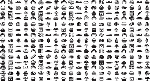 Black and white icons of various baked goods and kitchen items on white background