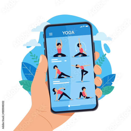 Hand Holding Smartphone with Yoga App Interface.