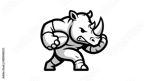 Stylized rhino illustration in aggressive stance on white background