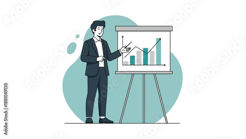 Businessman presenting financial report with rising growth chart on whiteboard