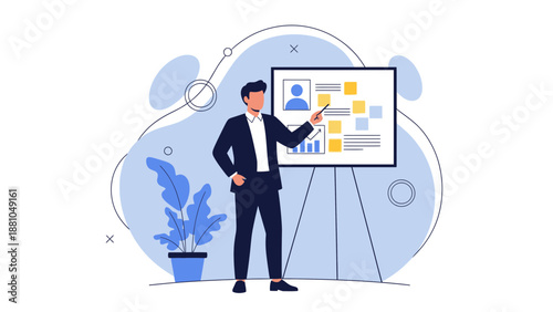 Businessman Presenting Strategy on Whiteboard, Business Meeting, Planning