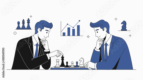Businessmen playing chess with financial chart, strategy and competition concept