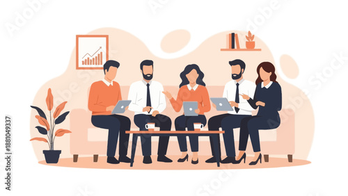 Diverse business team collaborating in modern office meeting room, flat design